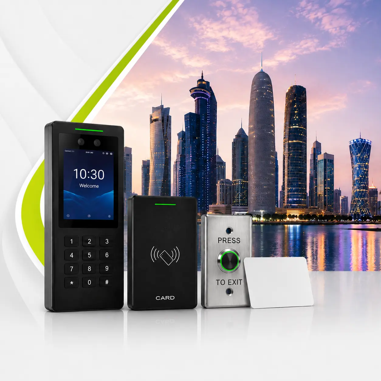 Biometric fingerprint and rfid access control devices installed against doha skyline, qatar